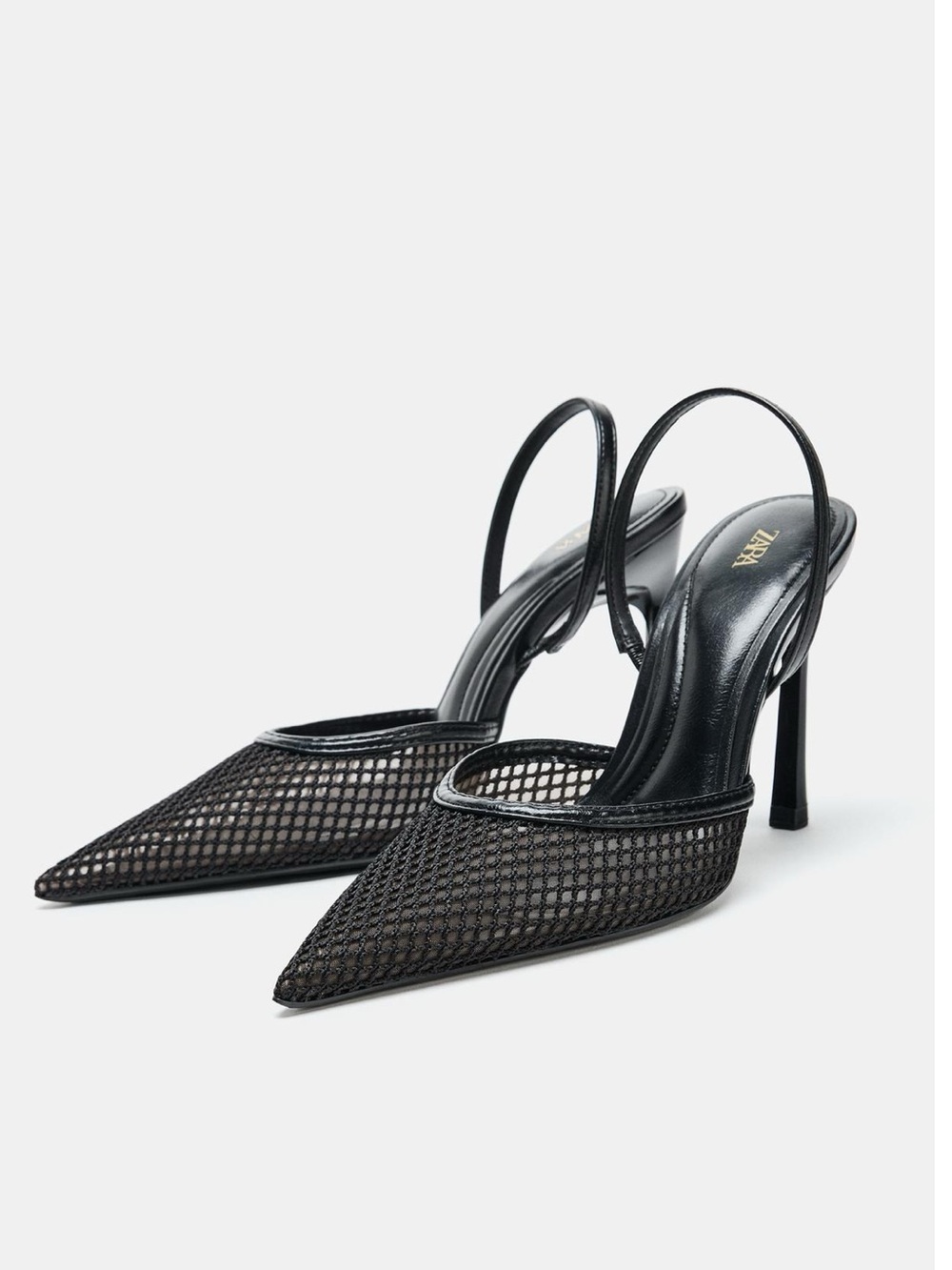 Zara Mesh Pointed Slingback Heels Black NWT